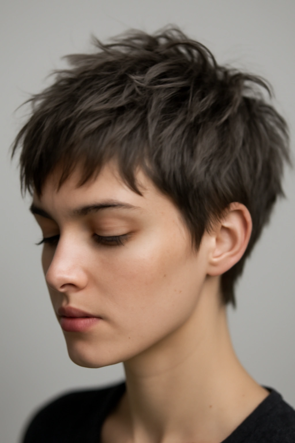 Messy crop haircut in ash brown
