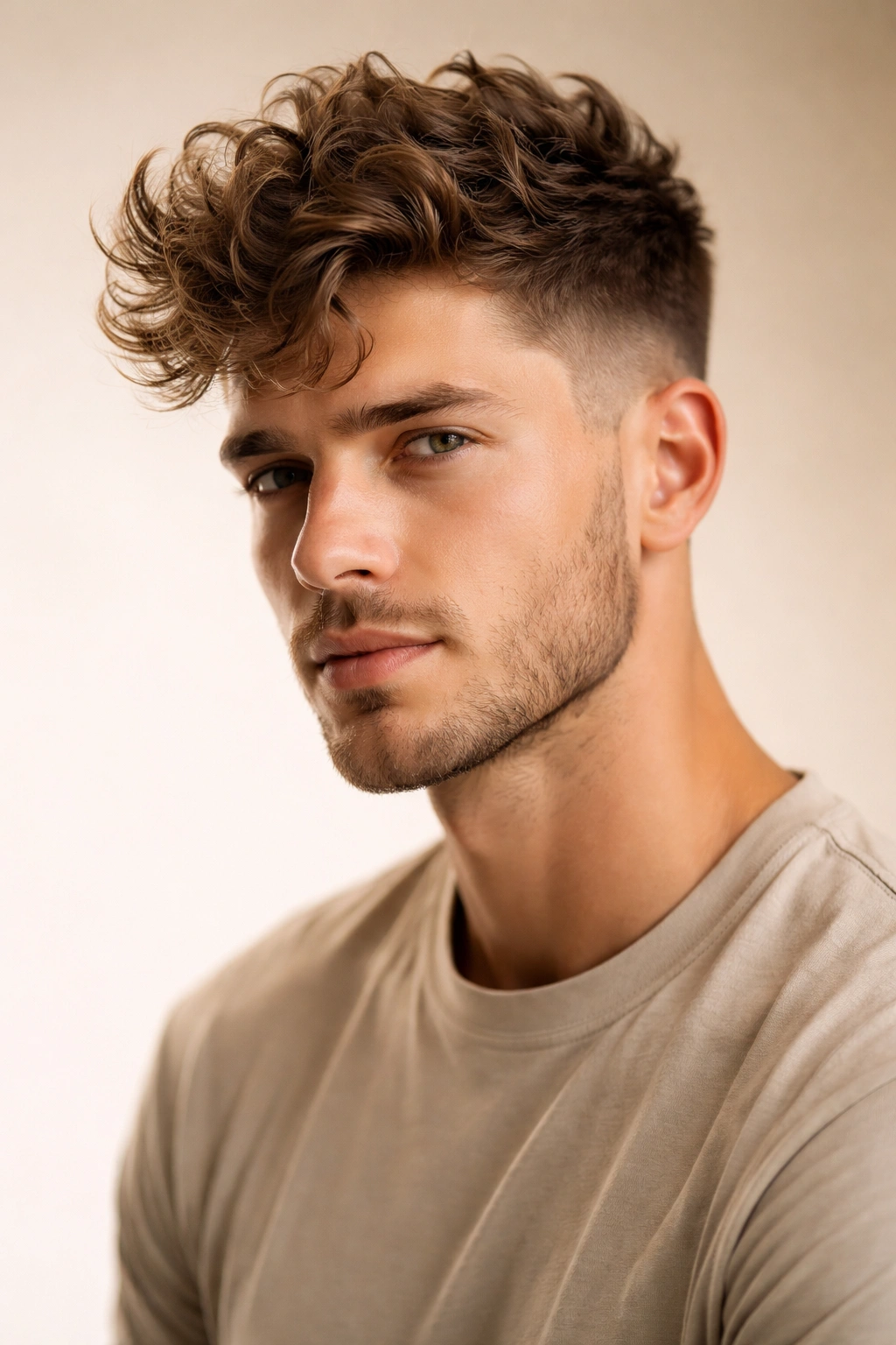 Portrait of man with messy curly quiff and faded sides