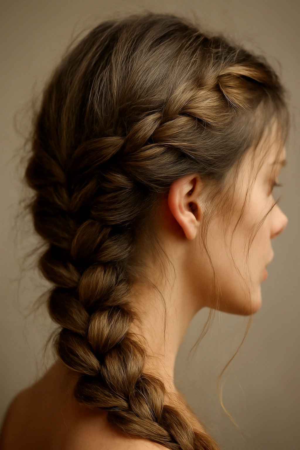 Close-up of a messy Dutch braid with loose strands.