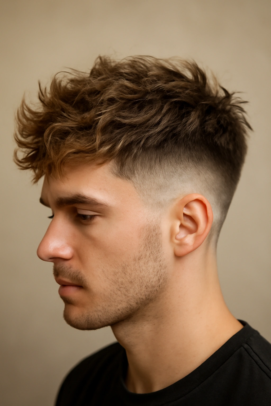 Messy textured fade with honey ombre showing tousled top and golden gradient on sides.