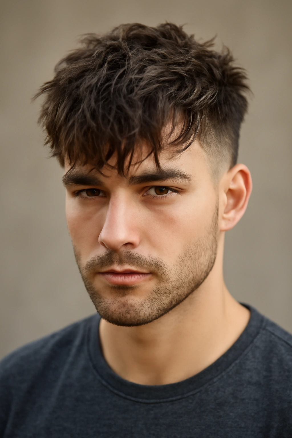 Close-up of a man with a messy fringe and fade, textured top