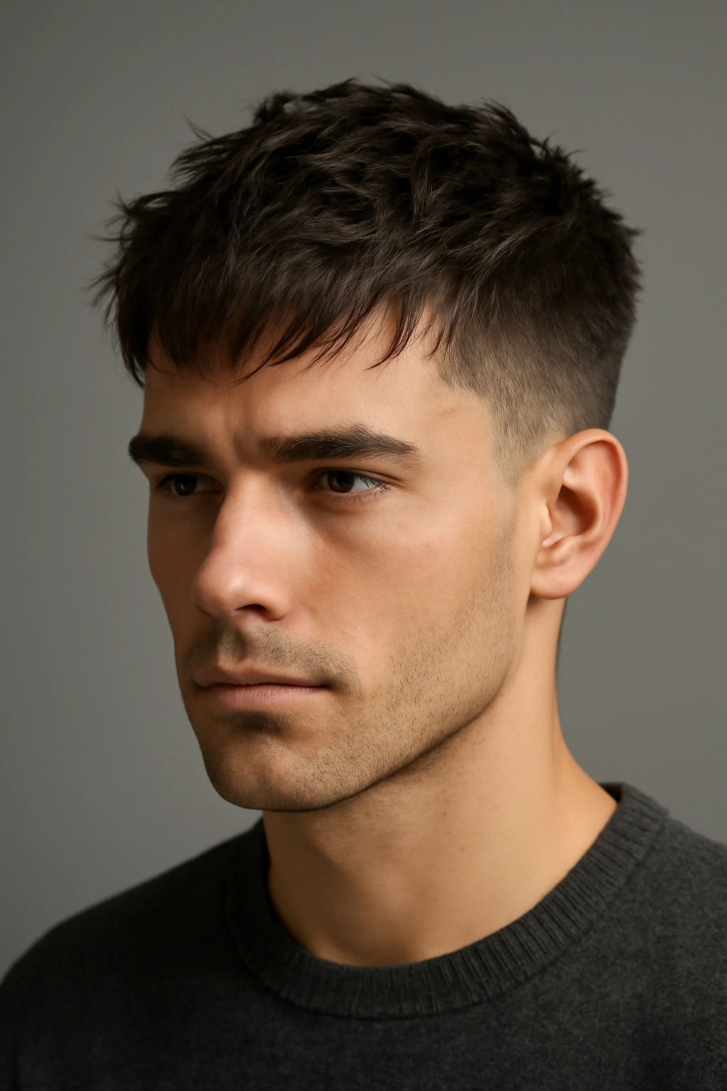 Close-up portrait of a person with a textured messy fringe haircut and tapered sides.