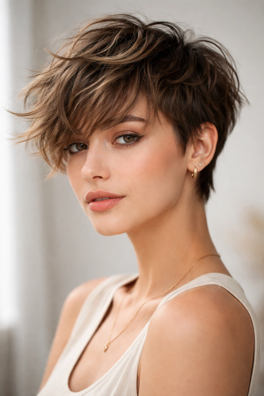 Close-up of a pixie with a messy fringe and wispy layers