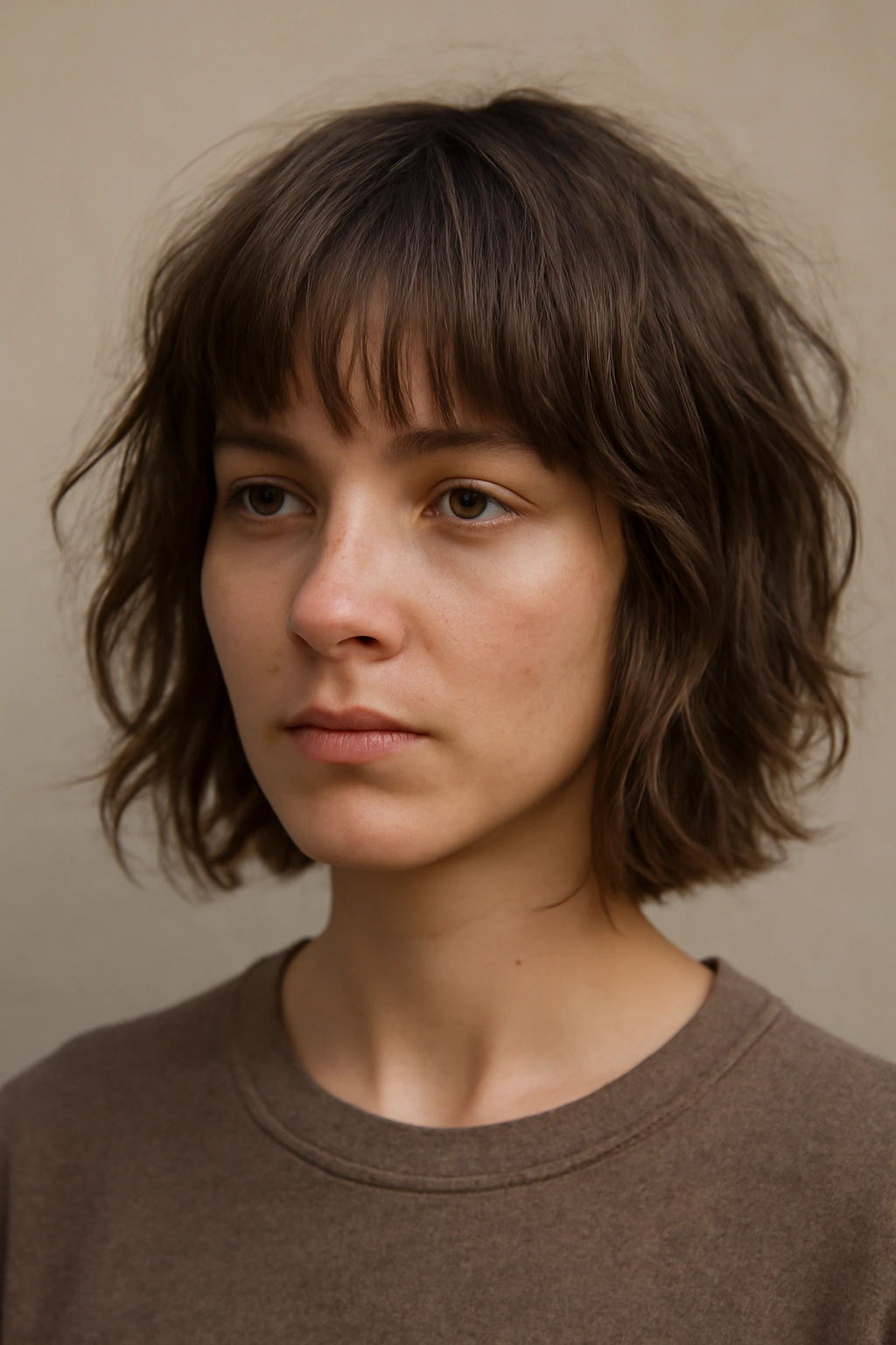 Messy fringe with textured, eyebrow-length bangs in a studio portrait.