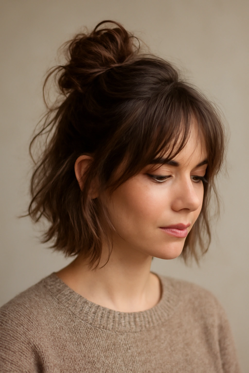Messy half-up with face-framing layers in short textured hair.