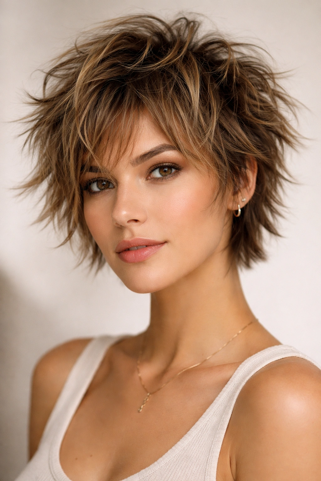 Short layered hairstyle with chaotic but controlled messy layers
