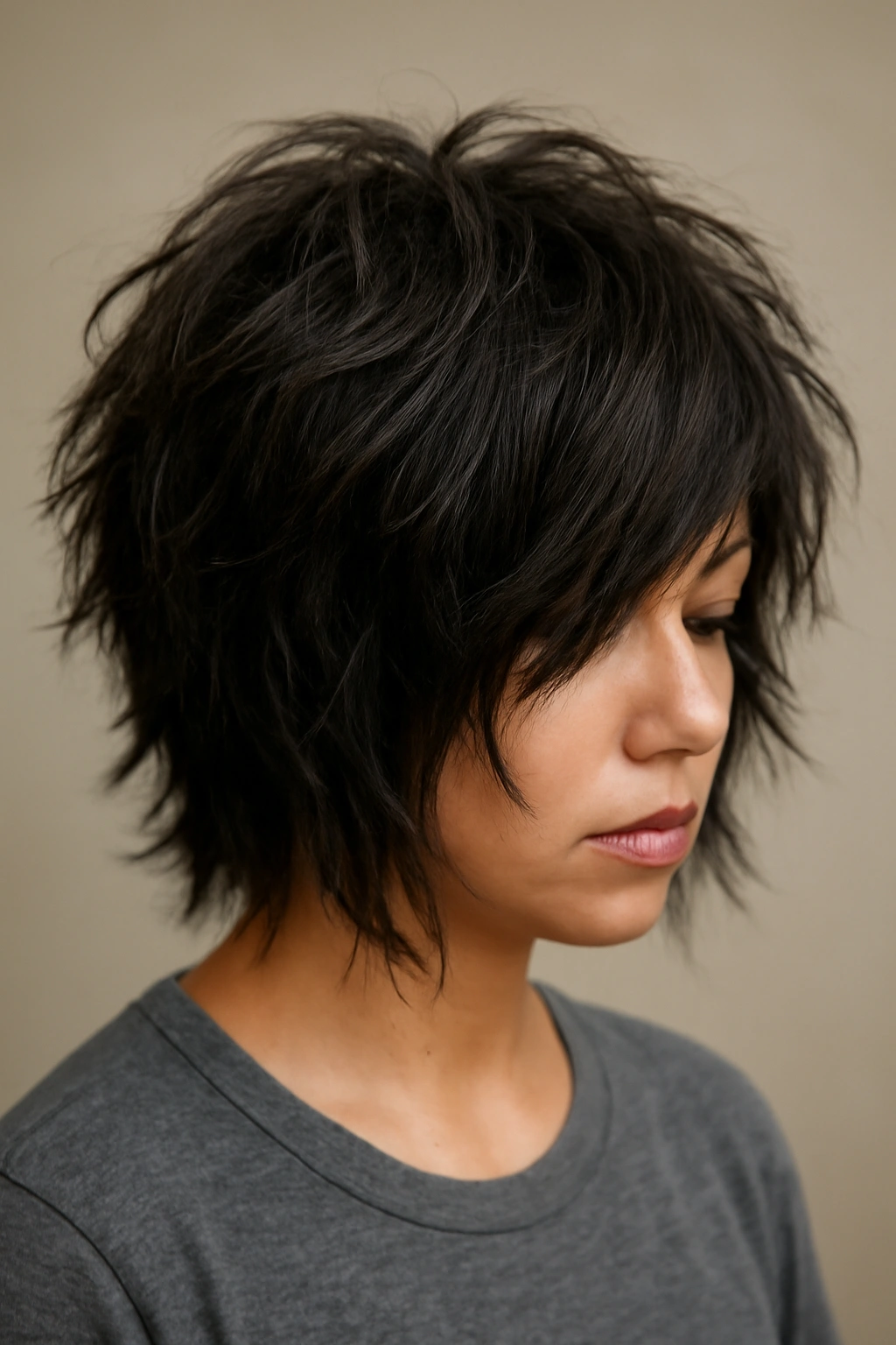 Thick hair with messy, choppy layers creating texture and movement; no text.