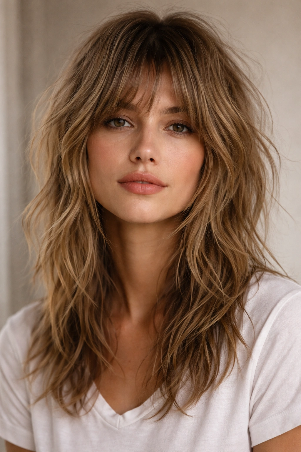 Portrait of a model with a messy lived-in shag showing natural texture