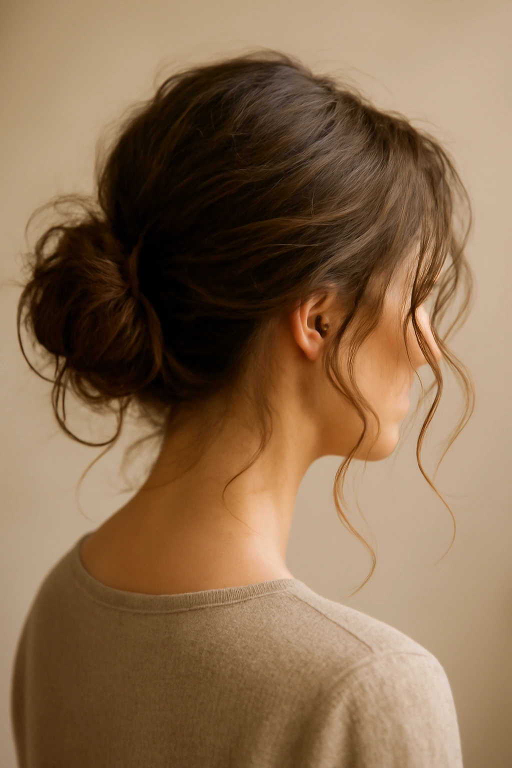 Messy low bun with wavy tendrils framing the face