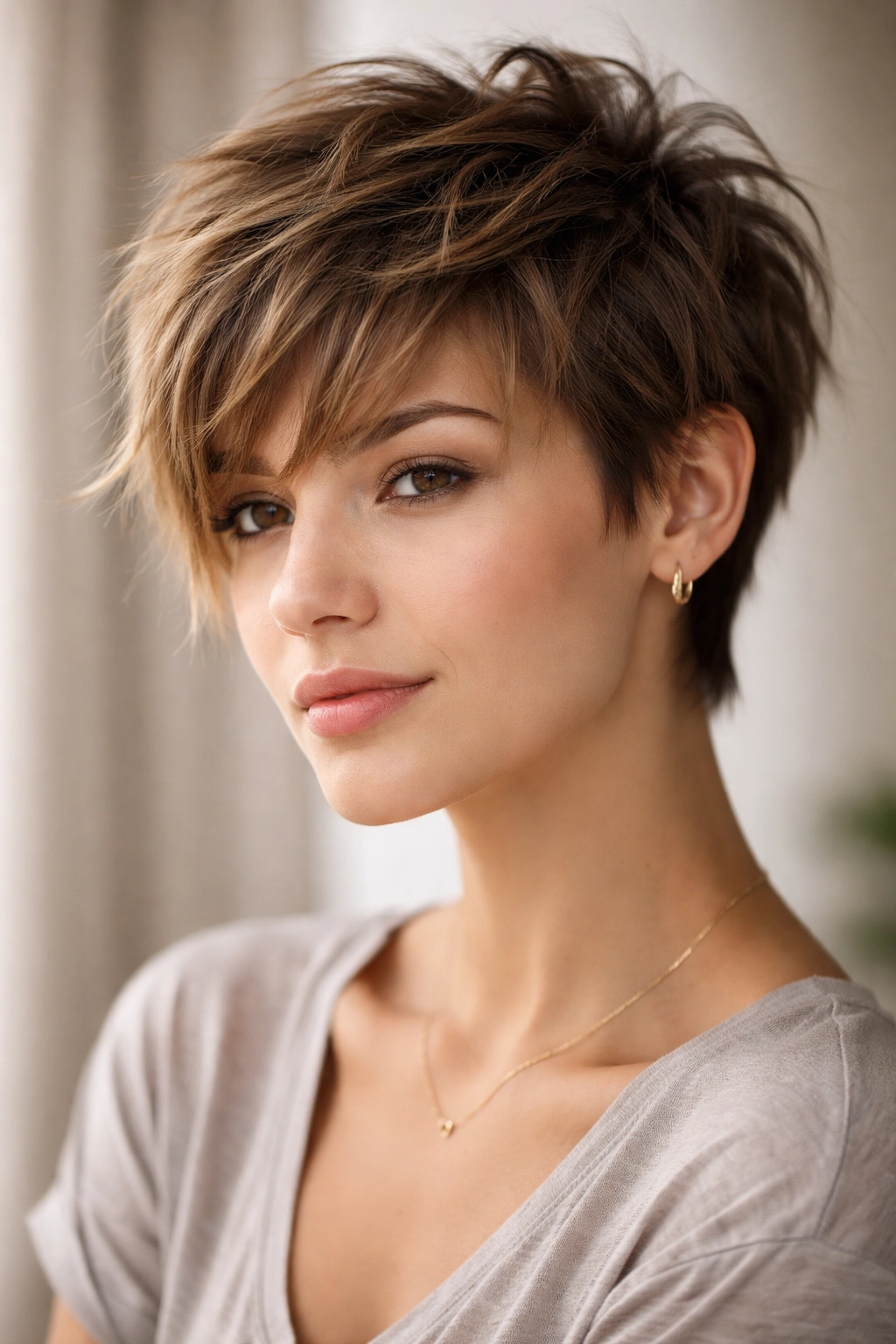 Three-quarter view of messy pixie with longer bangs