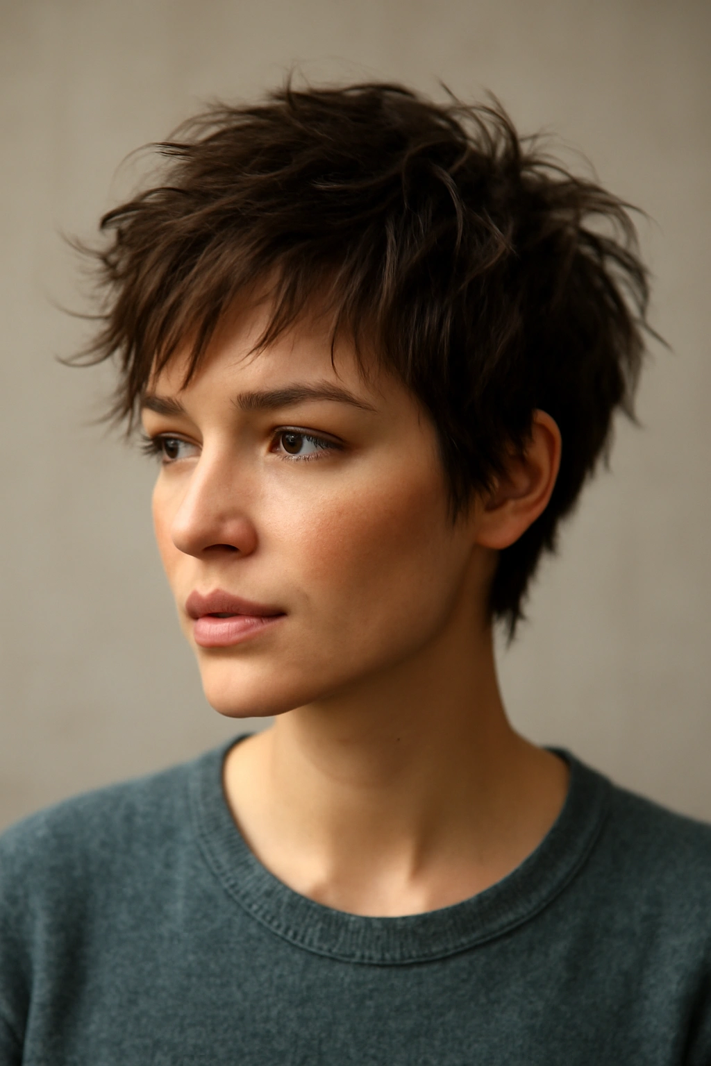 Portrait of a person with a messy, textured pixie and undone styling