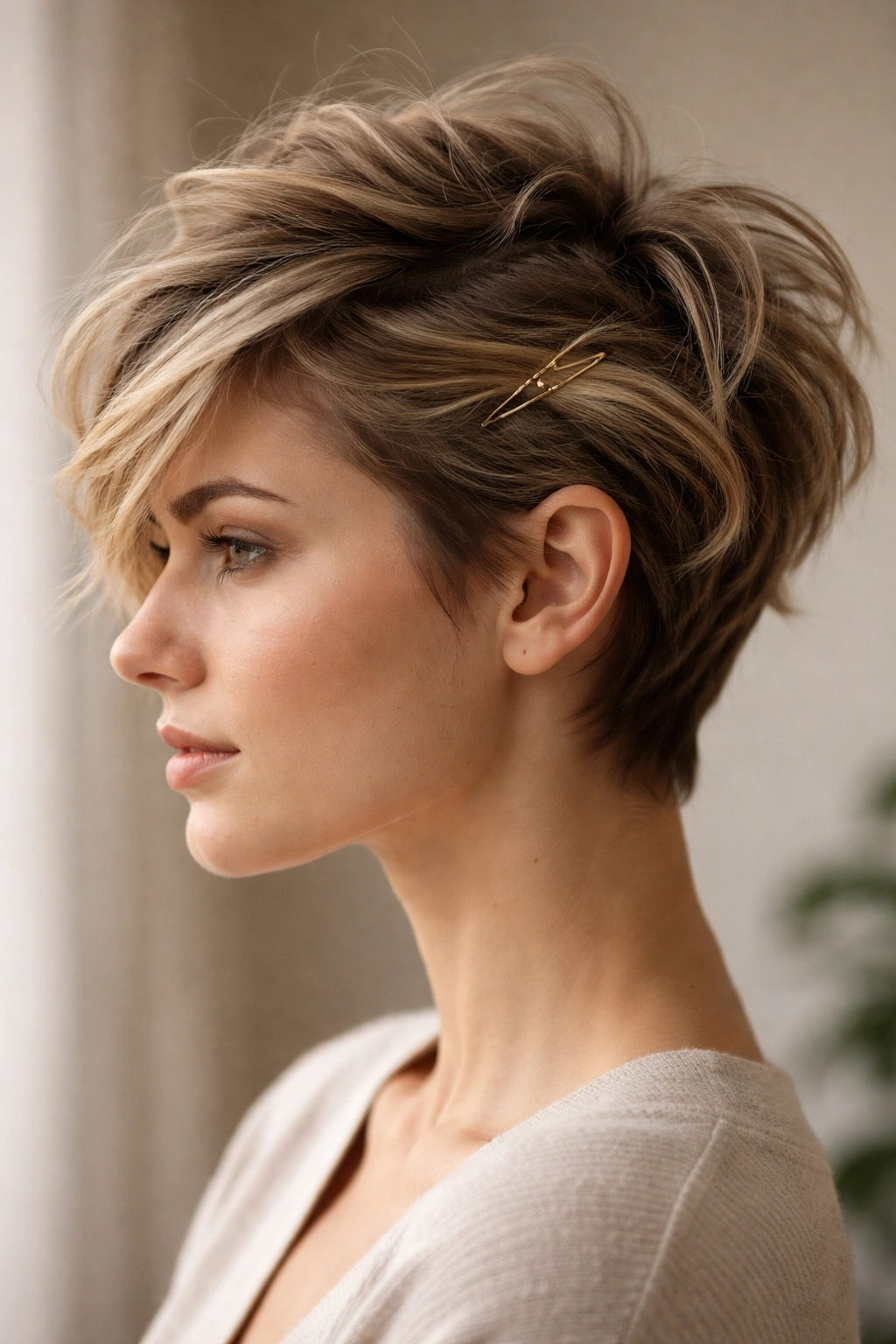 Messy pixie pin with side swoosh and teased crown