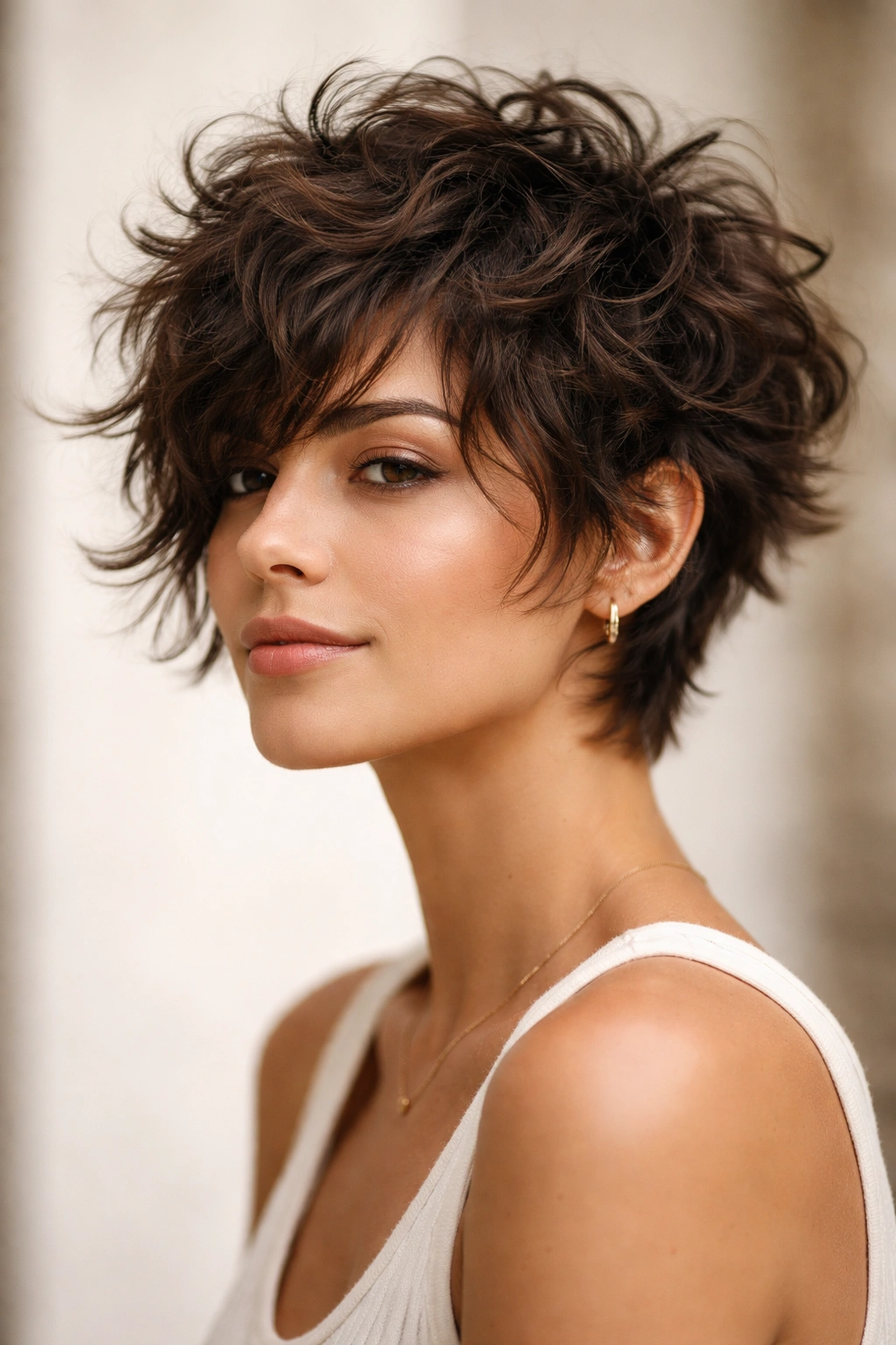 Three-quarter view of a messy shag pixie with cheek-length fringe