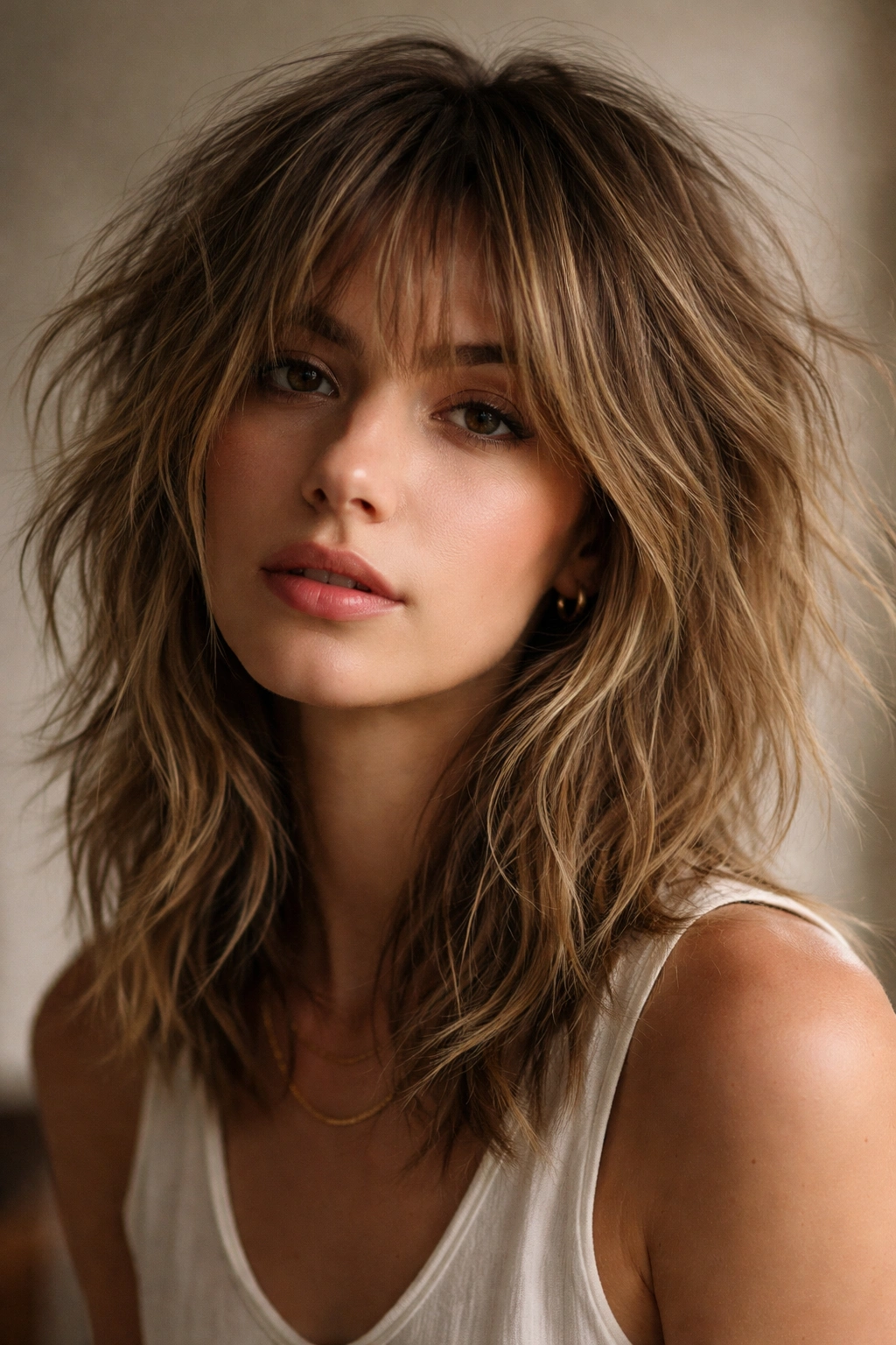 Messy tousled shag with lived-in texture at shoulder length