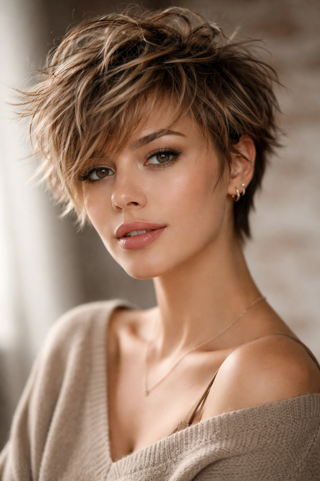 Portrait of a person with a textured, messy short crop showing movement.