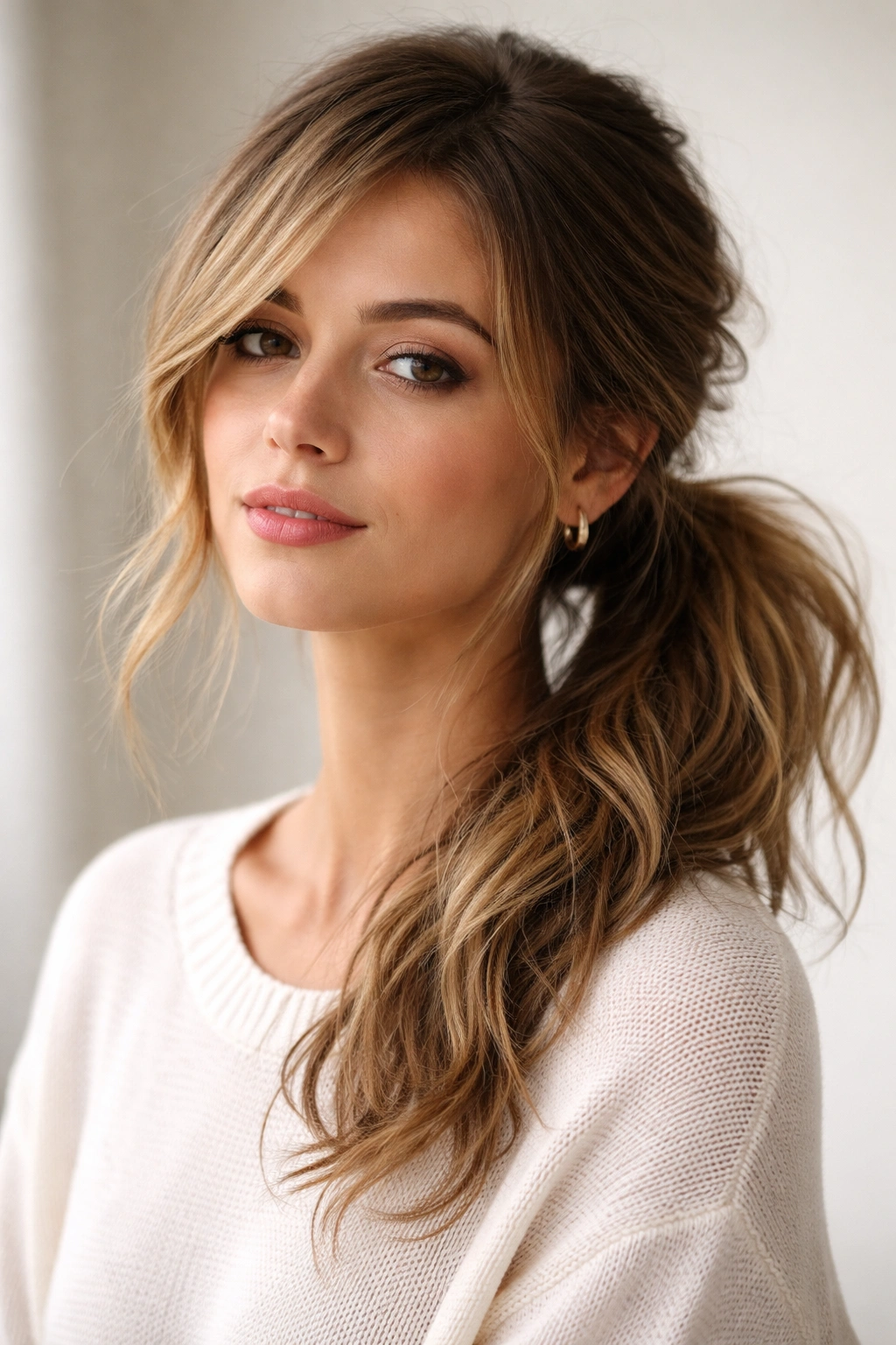 Messy side ponytail with textured strands and waves
