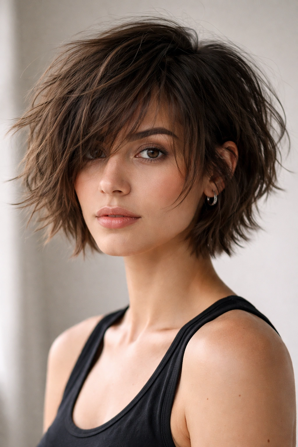 Messy textured bob hairstyle with pronounced texture in a studio portrait
