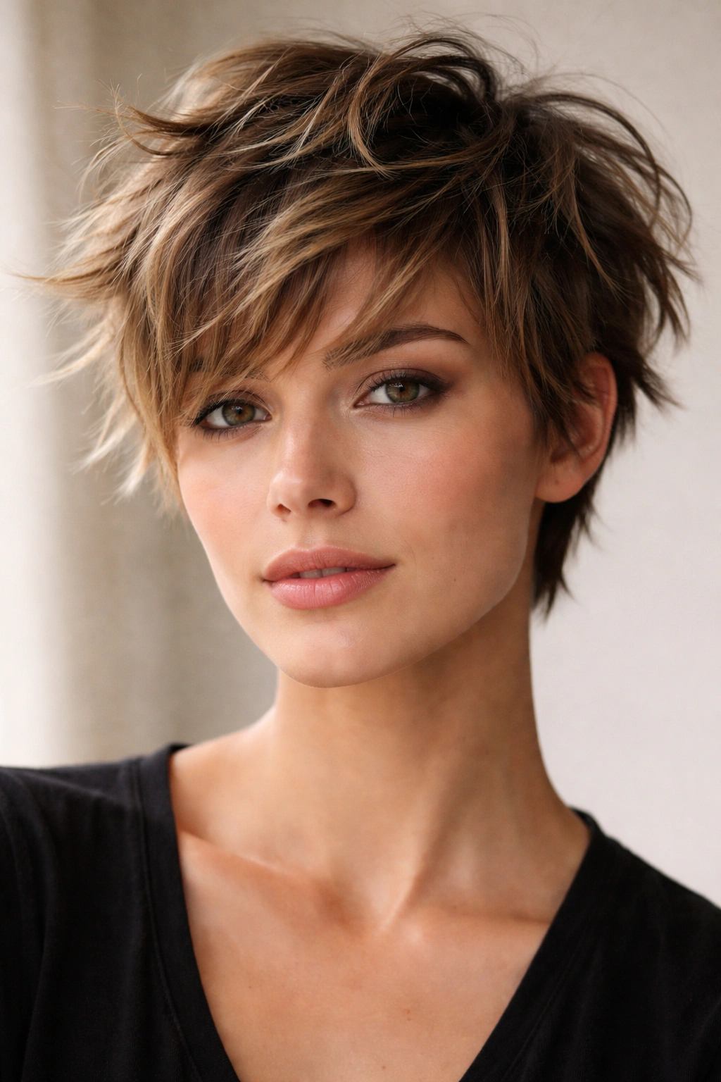 Messy textured crop with undone strands and layered pieces