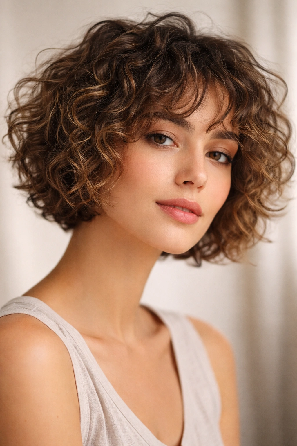 Short curly bob with textured crop and layered pieces.