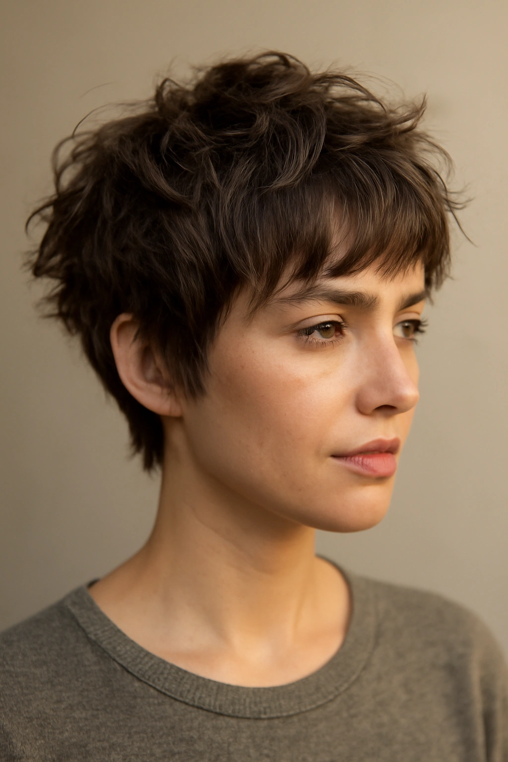 Medium shot of a messy textured crop with volume hairstyle