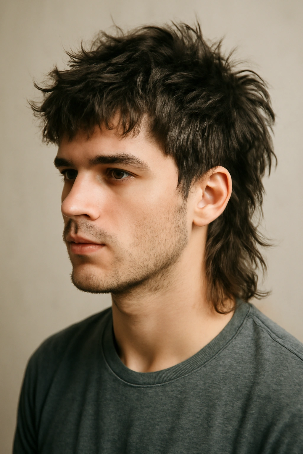 Portrait of a person with a messy textured mullet featuring short choppy sides and tousled back