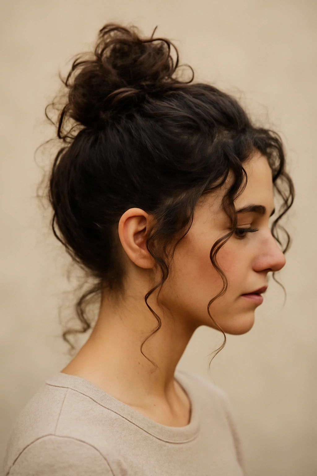 Side profile of a messy top knot with loose tendrils framing the face
