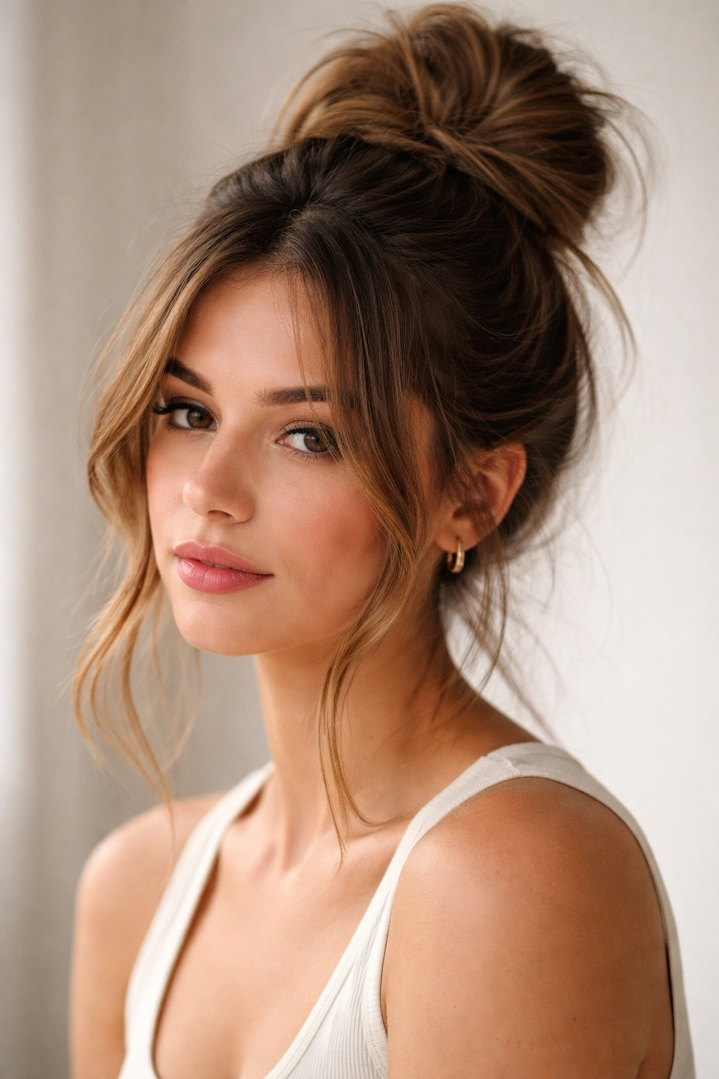 High messy top knot with face-framing pieces and soft facial framing strands