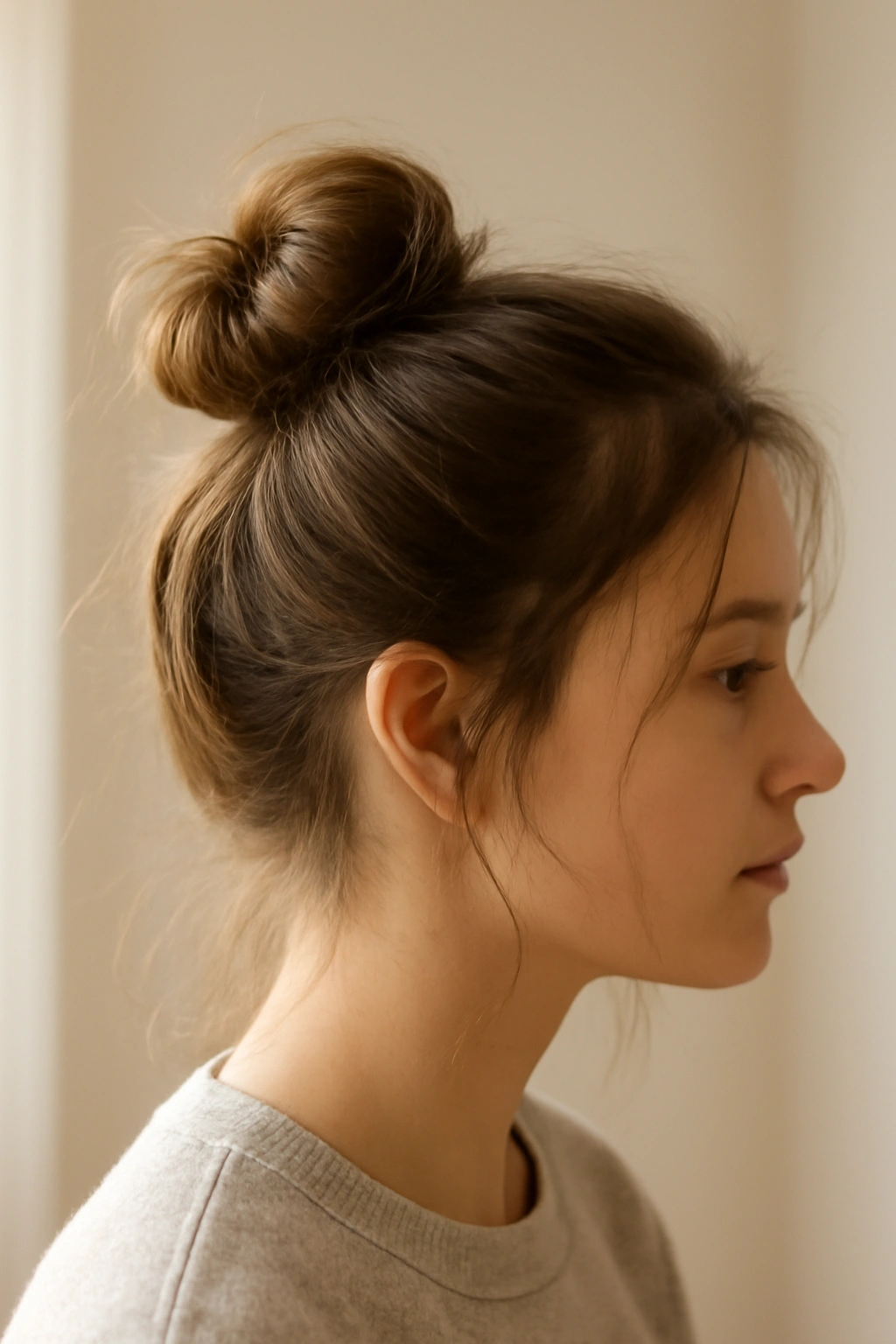 Messy top knot with loose strands on a young girl