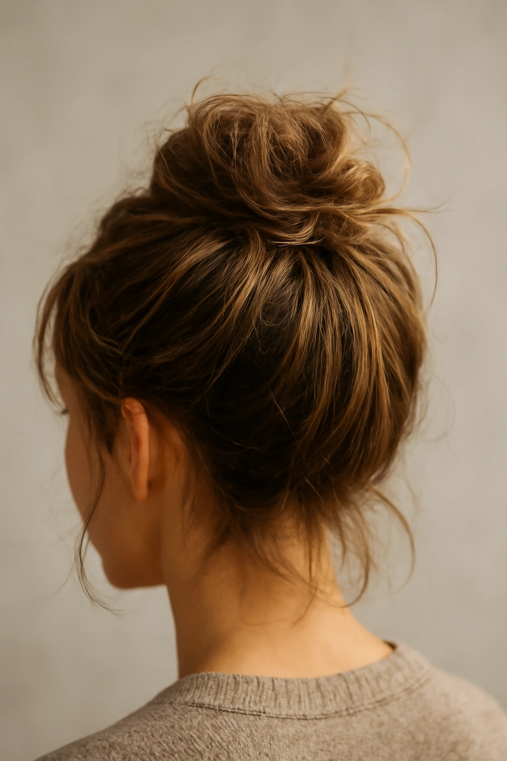 Messy textured top knot with loose strands around the face