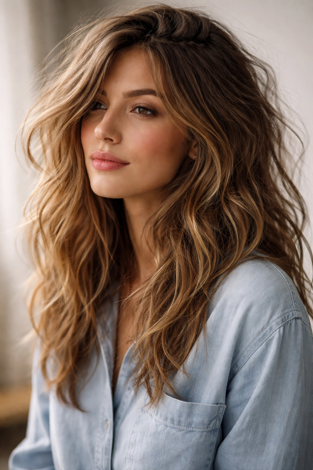 Wavy hair with texture and volume in a lived-in style.