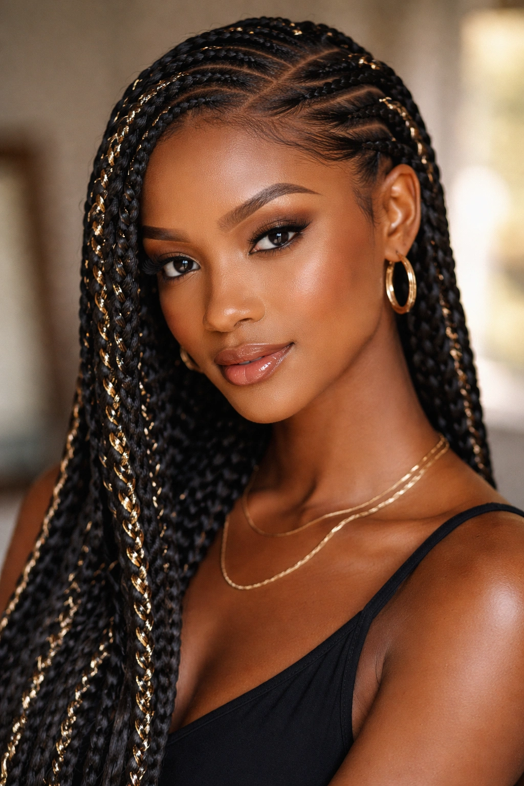 Two braids woven with metallic thread catching light from a side part