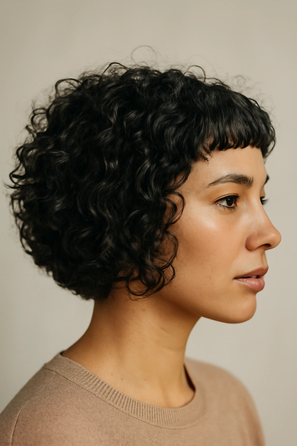Close-up of curly hair with micro bangs and angled bob.