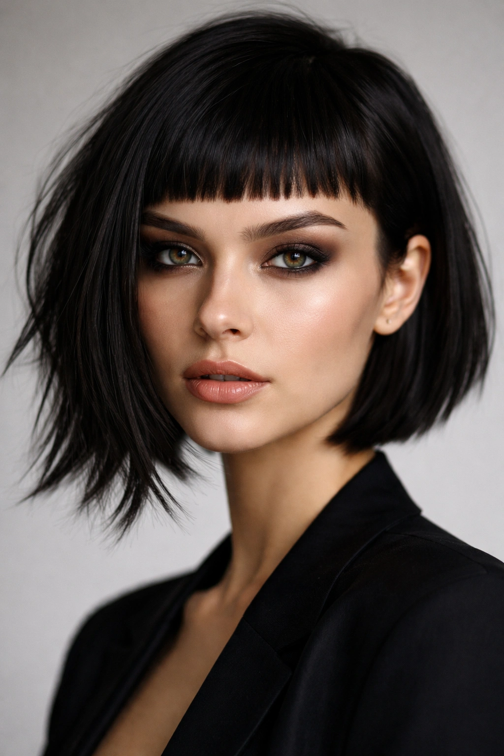Close-up portrait with micro bangs and an uneven bob