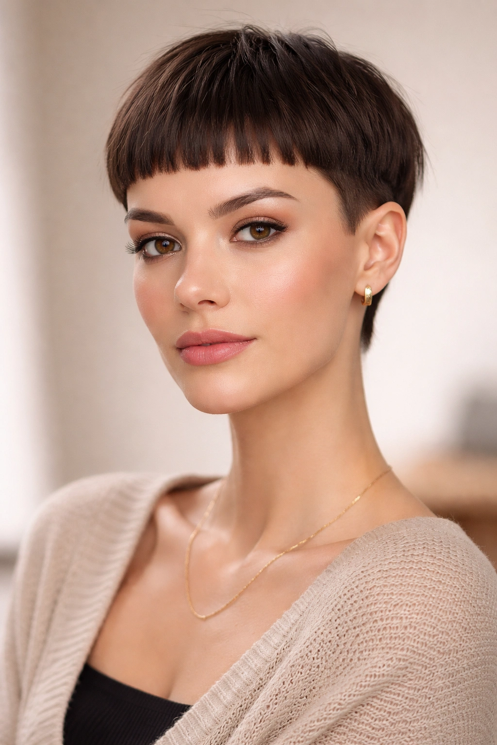 Person with blunt micro bangs and cropped back hairstyle.