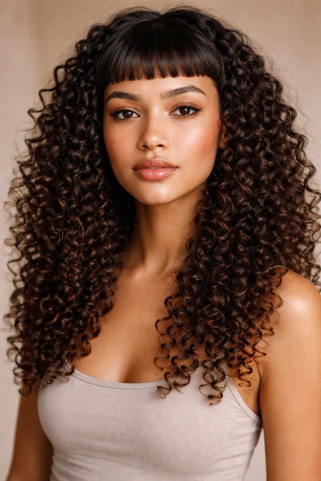 Blunt micro bangs with defined 3B-3C curls framing the face