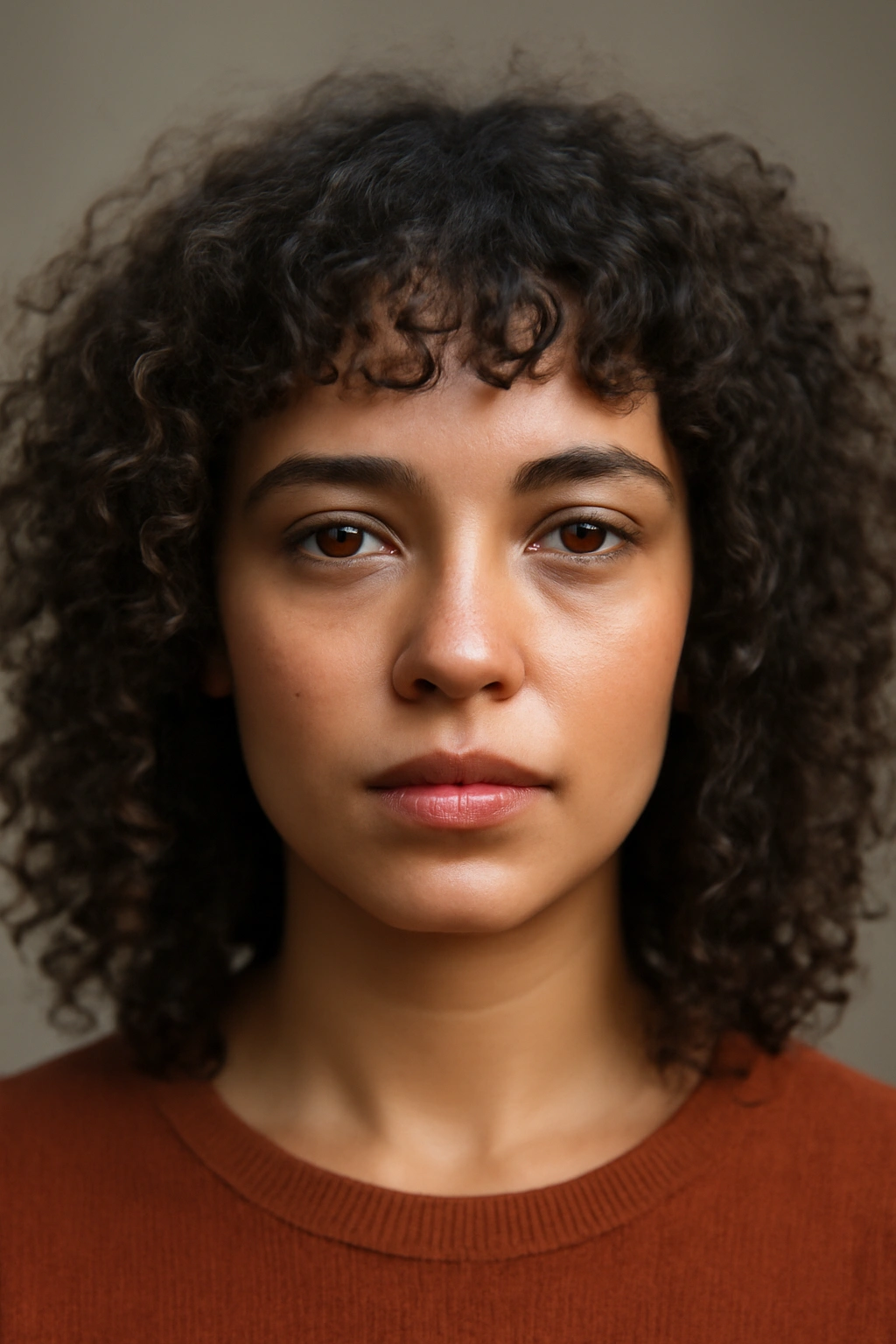 Close-up of micro bangs on curly hair framing the forehead.