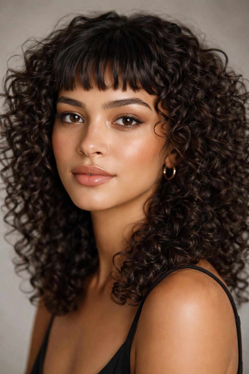 Close-up of micro bangs on curly hair above the eyebrows highlighting texture