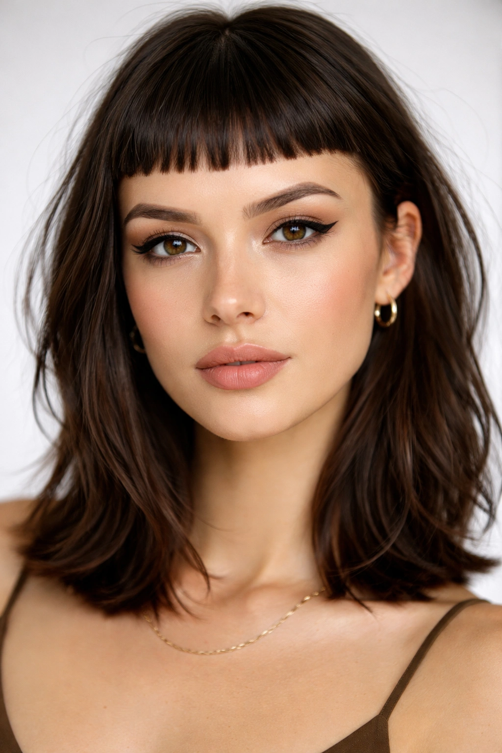 Close-up of micro bangs just above the eyebrows on a fashion-forward look