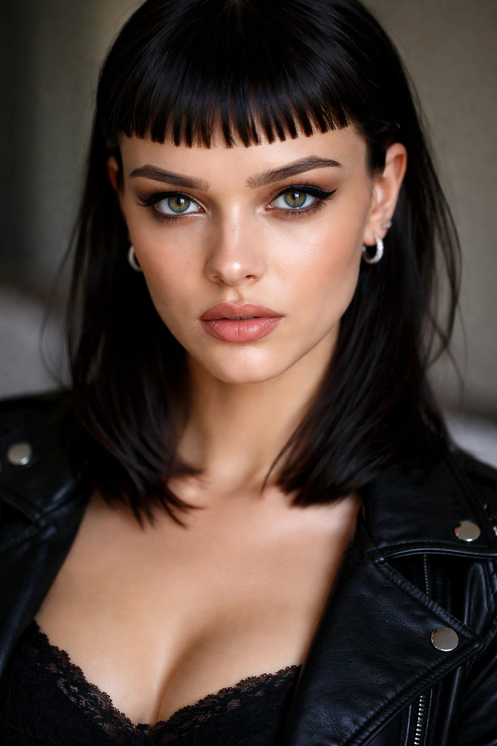 Close-up portrait of a person with ultra-short bangs above the eyebrows, bold fashion-forward look.