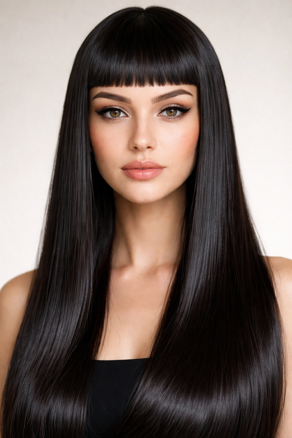 Glossy straight hair with micro bangs and sleek finish