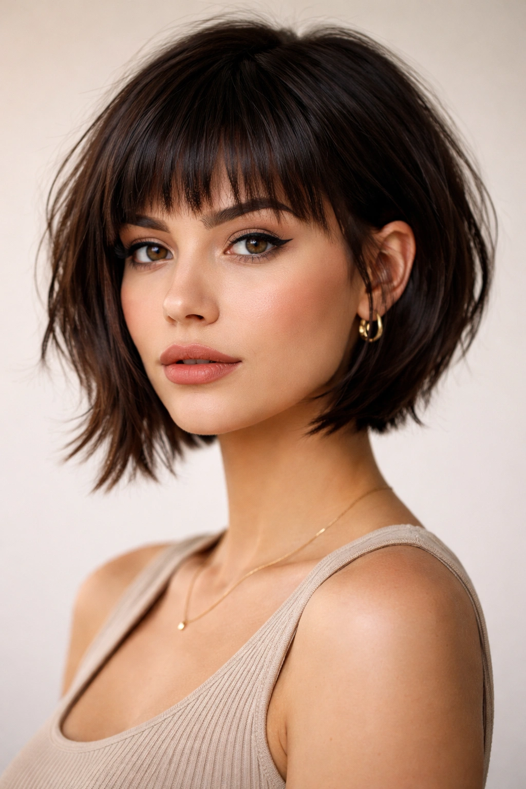 Portrait of a person with inverted bob and textured micro bangs framing the face.