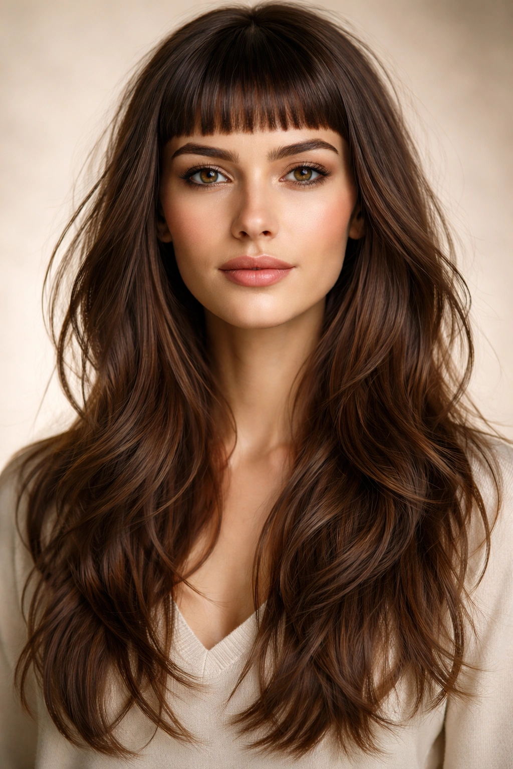 Micro bangs with layered hair and bold fringe
