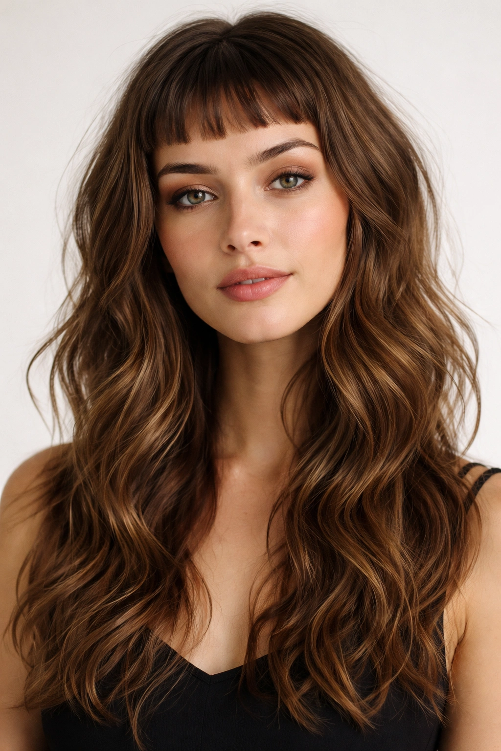Micro-bangs above eyebrows with longer layered length and waves