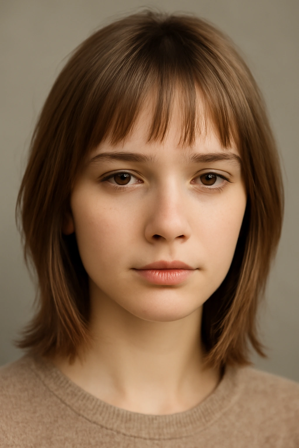 Micro bangs and layered sides on fine straight hair; face-framing.