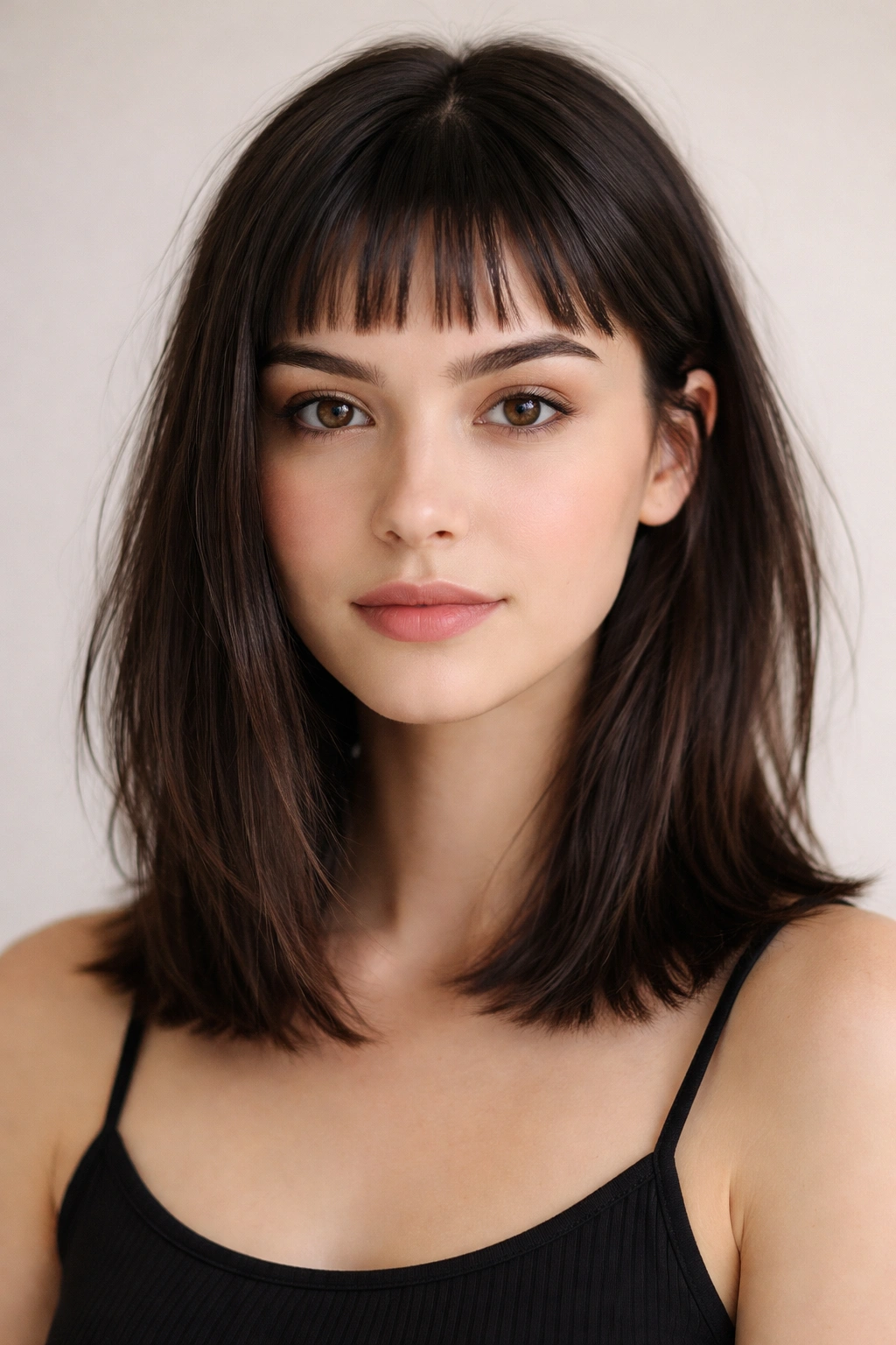 Lob with micro-bangs showing short wispy fringe above the eyebrows.