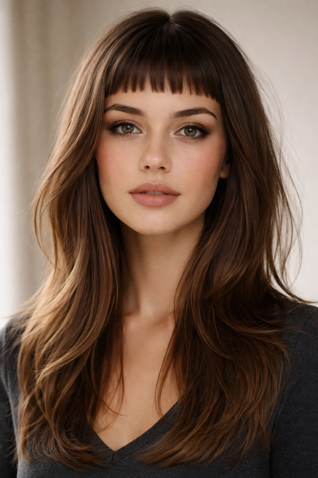 Hair with micro bangs high on the forehead and long layered hair.