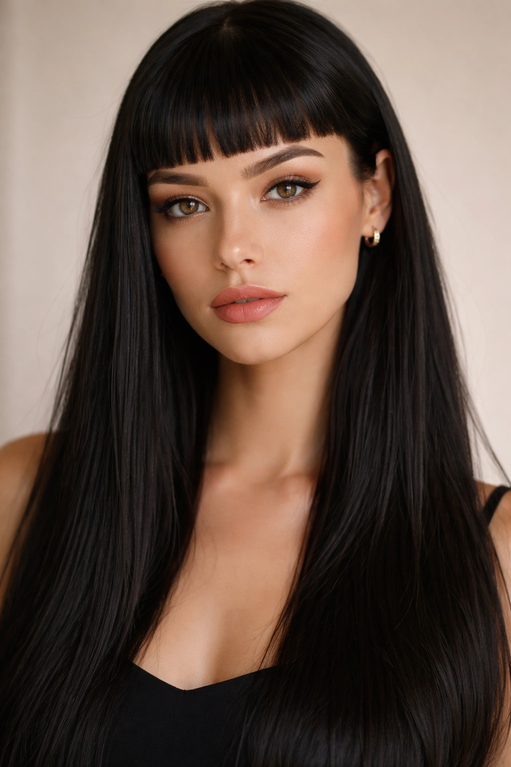 Close-up of micro-bangs with long straight hair in studio lighting