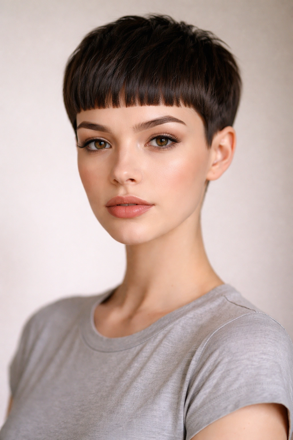 Portrait of micro bangs pixie hairstyle with blunt high bangs