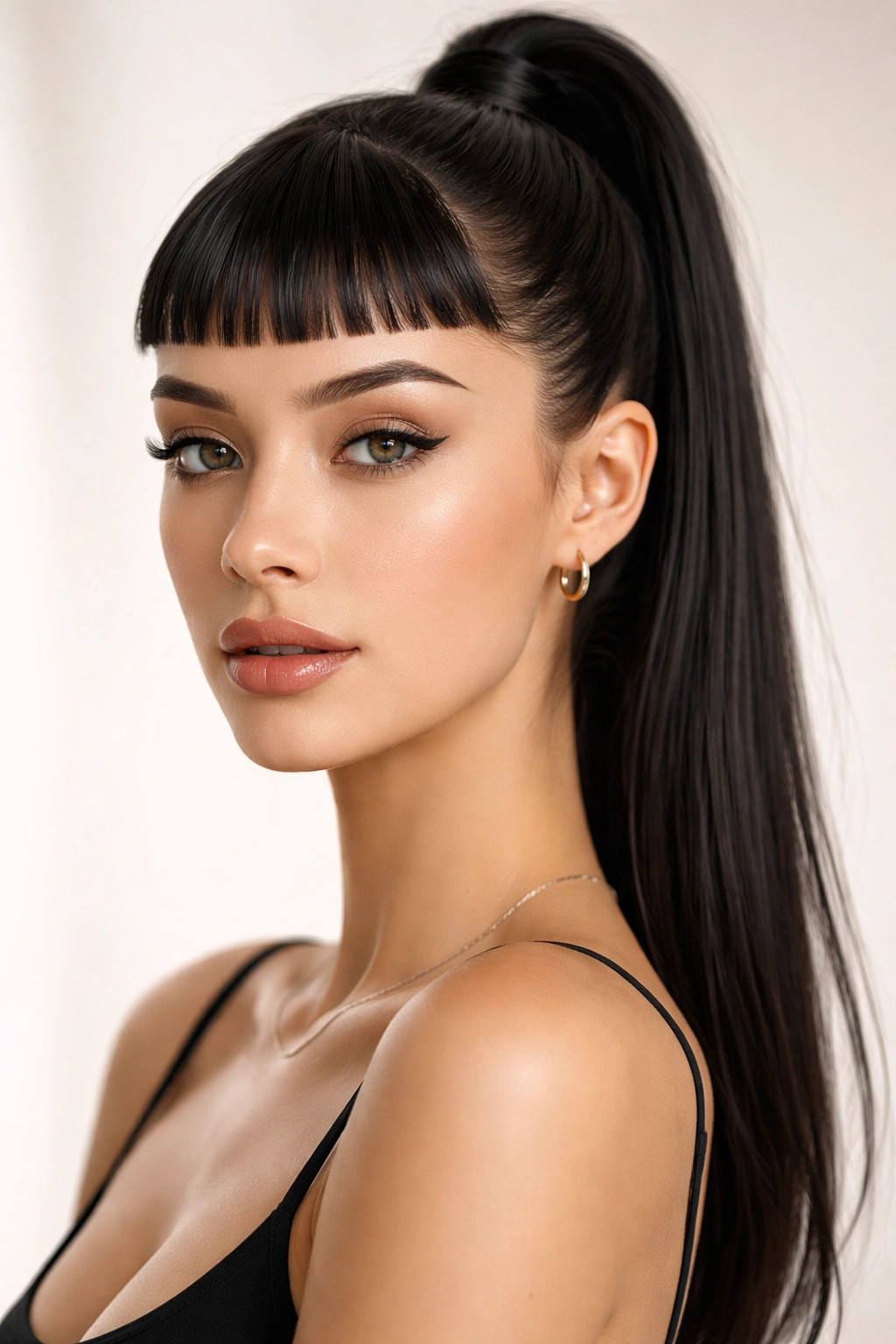 Front view of micro bangs with a sleek high ponytail exposing the face