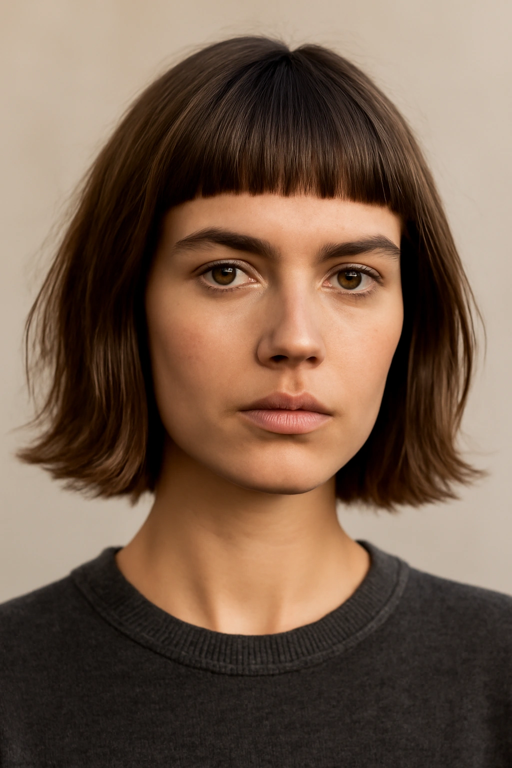 Portrait of a model with blunt micro bangs and shoulder-length layered hair in a neutral studio.